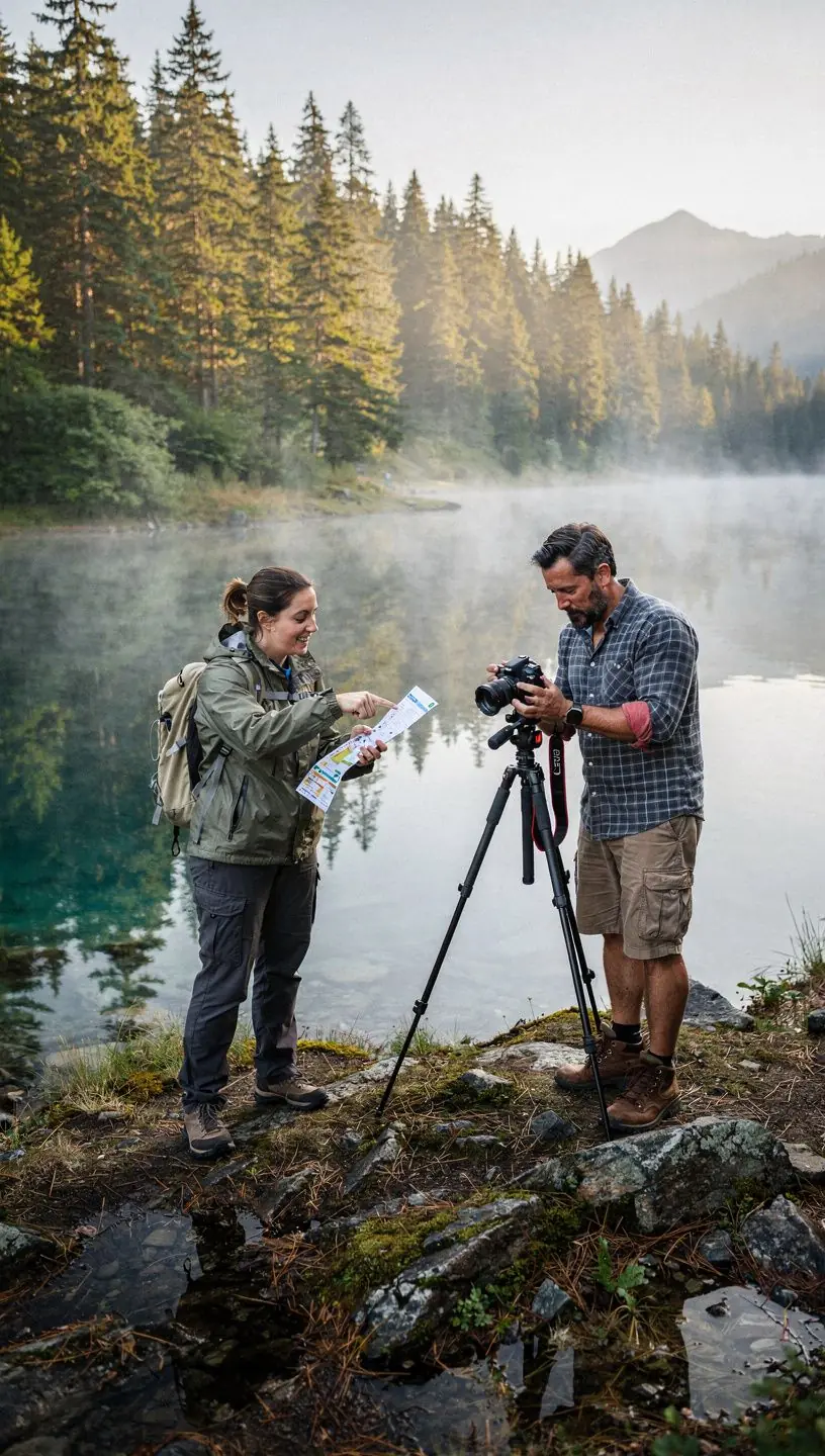 Widok na zachód słońca nad jeziorem z odbiciem w wodzie.