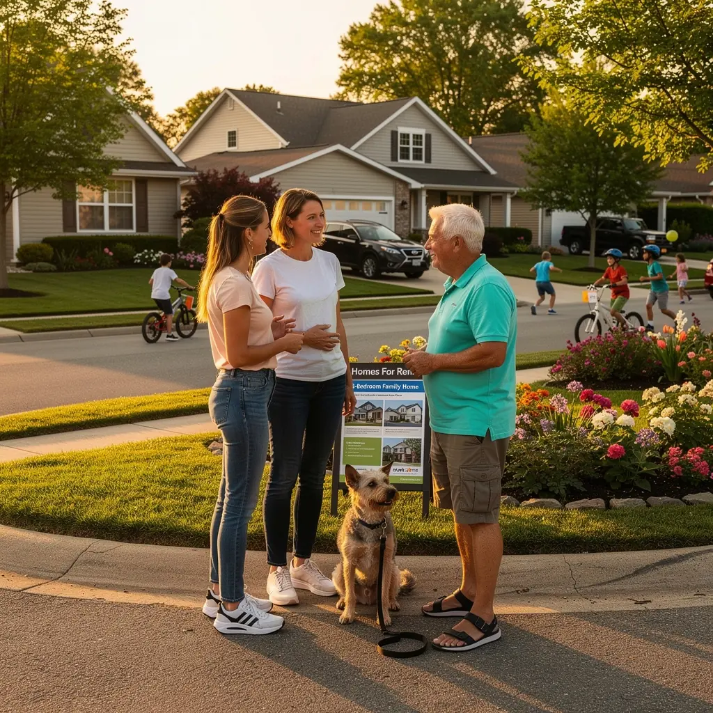 Zdjęcie przedstawiające rodzinę przeglądającą oferty wynajmu domów w przyjaznym sąsiedztwie.
