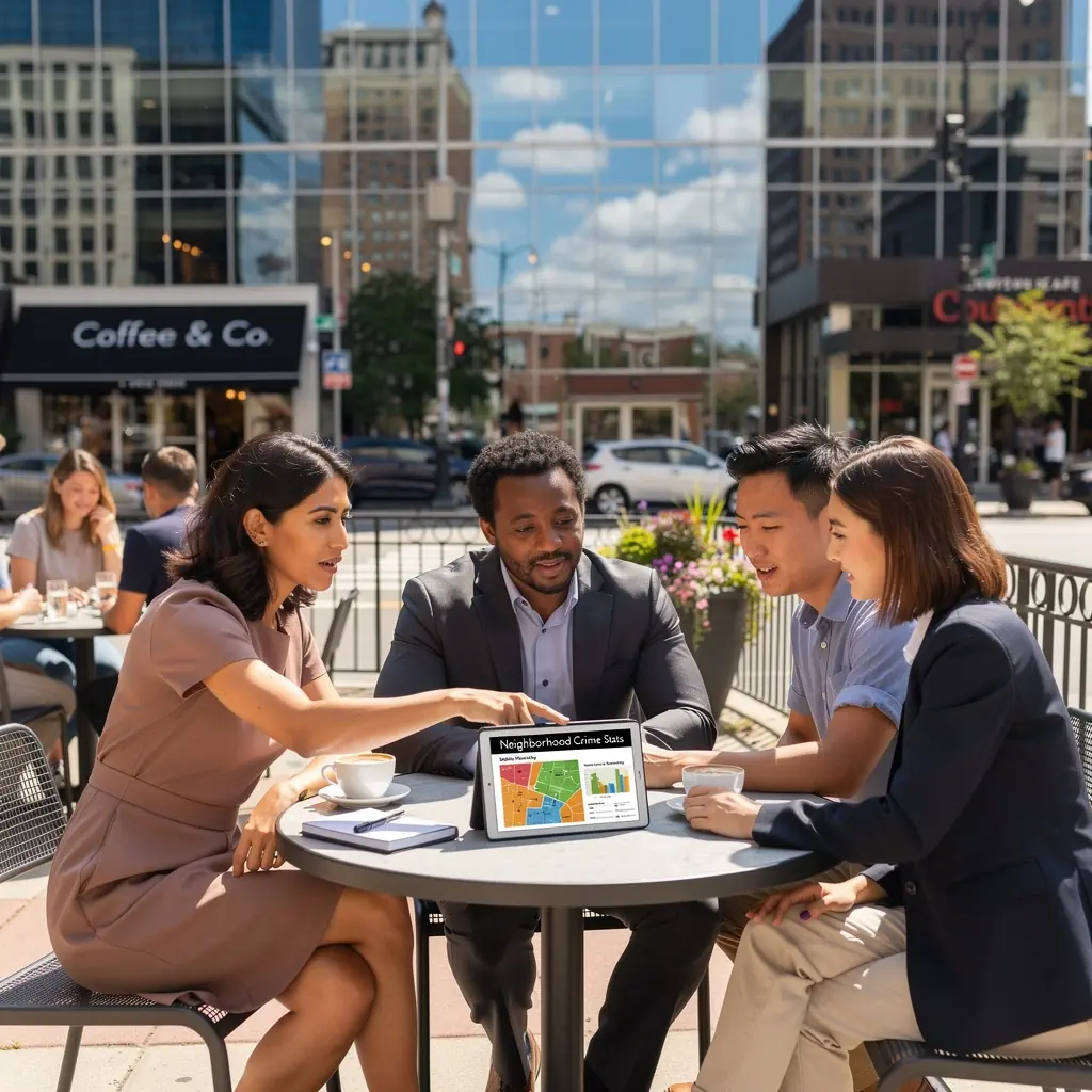 Widok na rodzinę spacerującą po bezpiecznej okolicy z dziećmi bawiącymi się na placu zabaw.