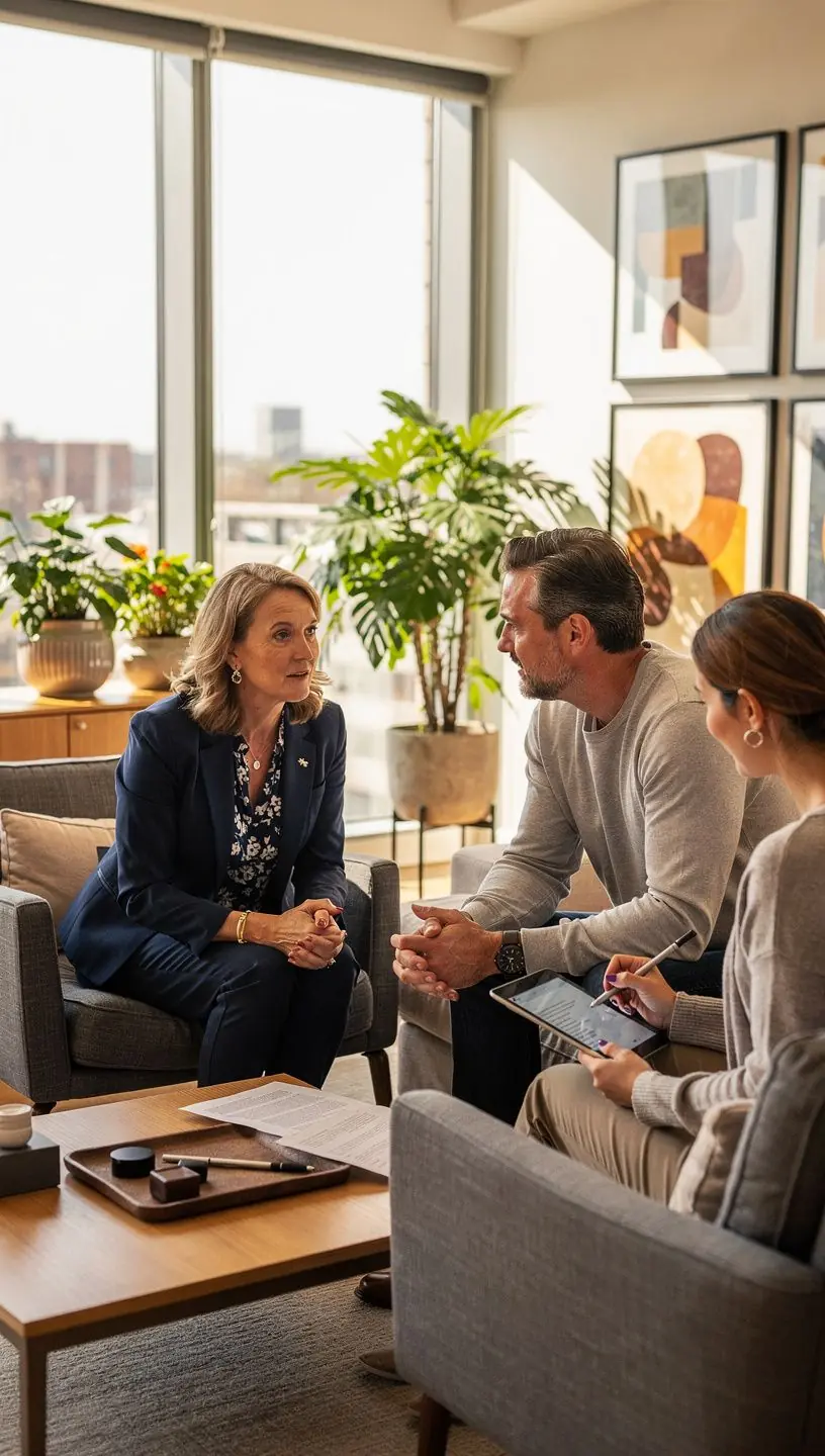 Grupa ludzi omawiająca plany zakupu domu w parku.