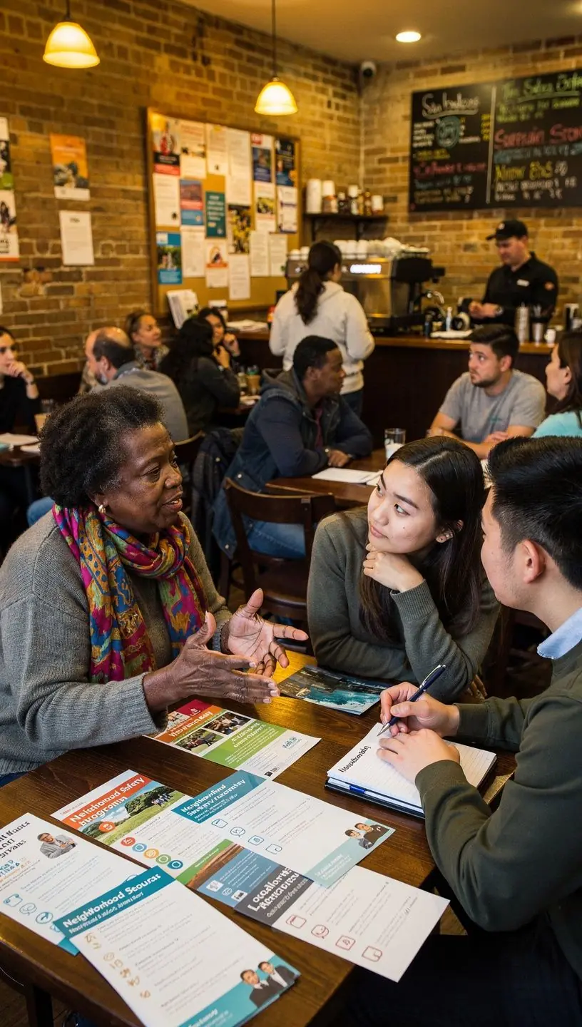 Wizualizacja mapy okolicy z zaznaczonymi bezpiecznymi strefami oraz lokalizacjami usług.