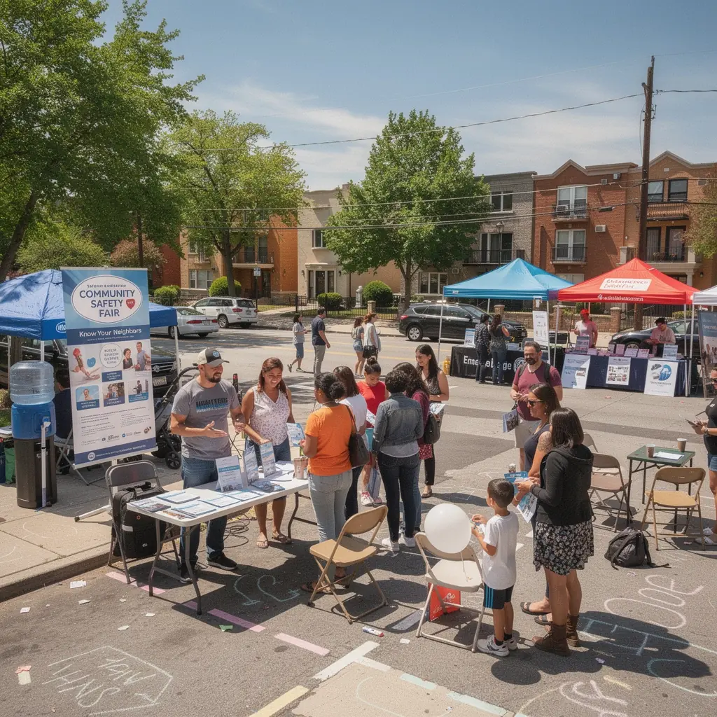 Mapa przedstawiająca różne dzielnice z informacjami o bezpieczeństwie i dostępnych nieruchomościach.